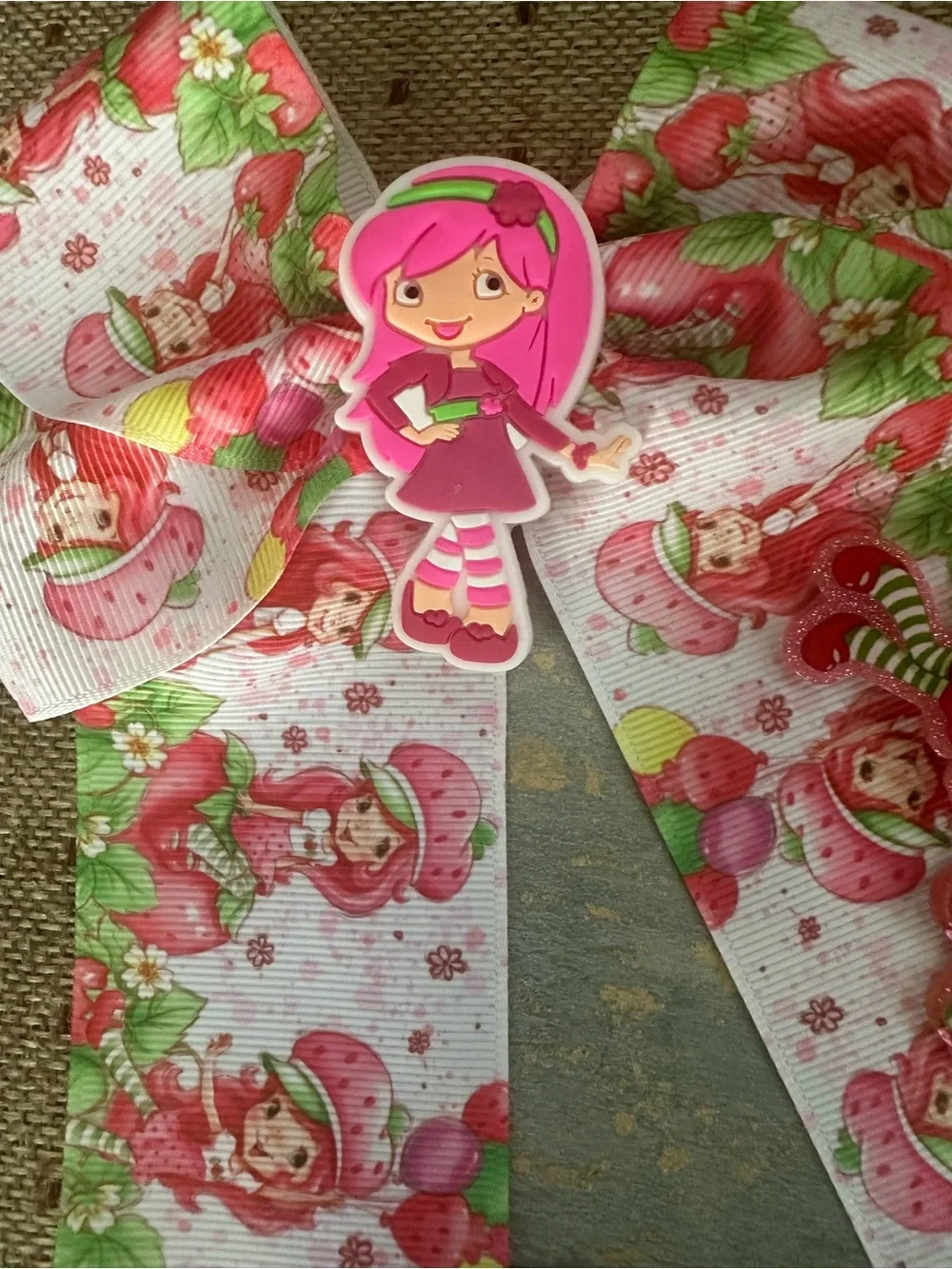 Pink Strawberry Character Kids Hair Bow with Matching Charms